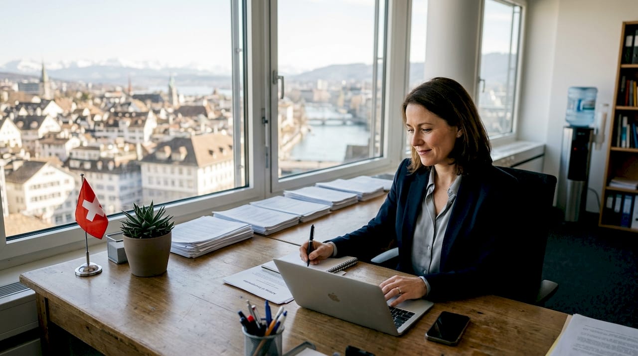 Consultant reviewing Swiss company setup documents