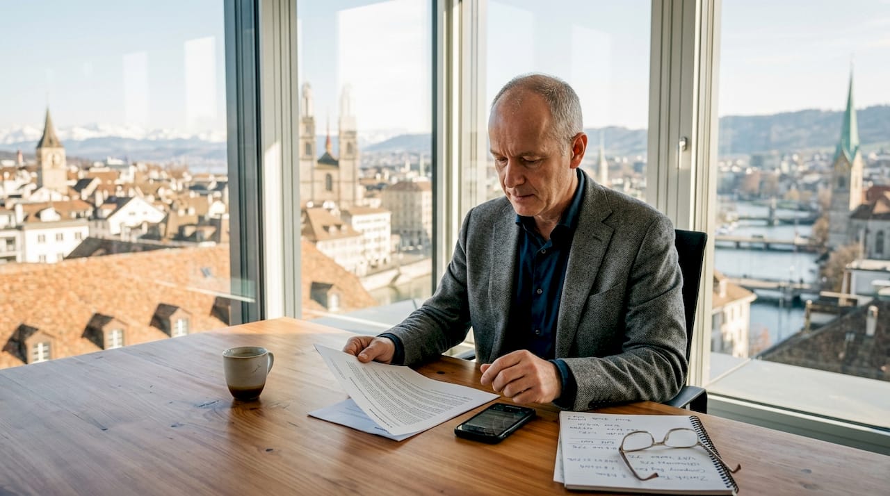 Businessman reviewing documents in Swiss office