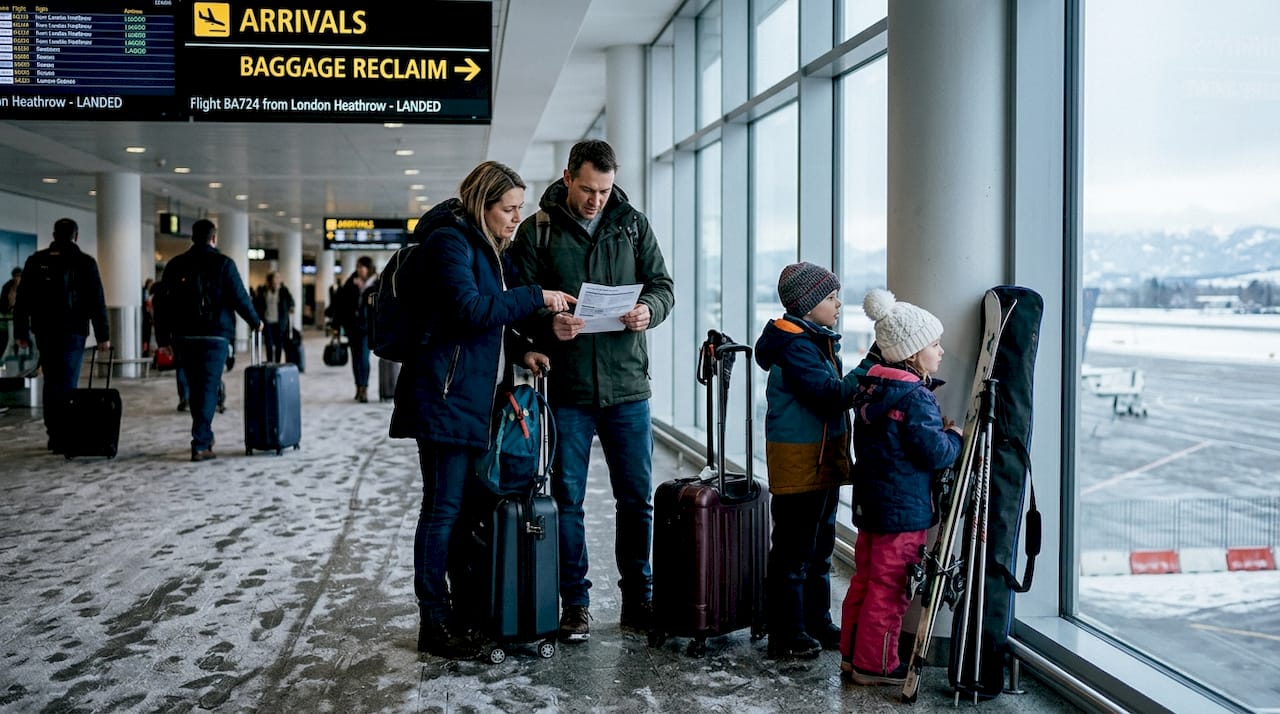 Family with luggage waiting in Geneva airport arrivals