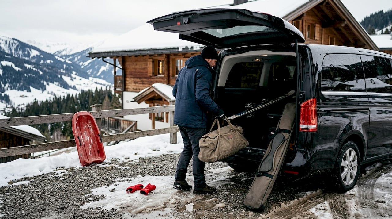 Driver loading ski gear into private transfer van