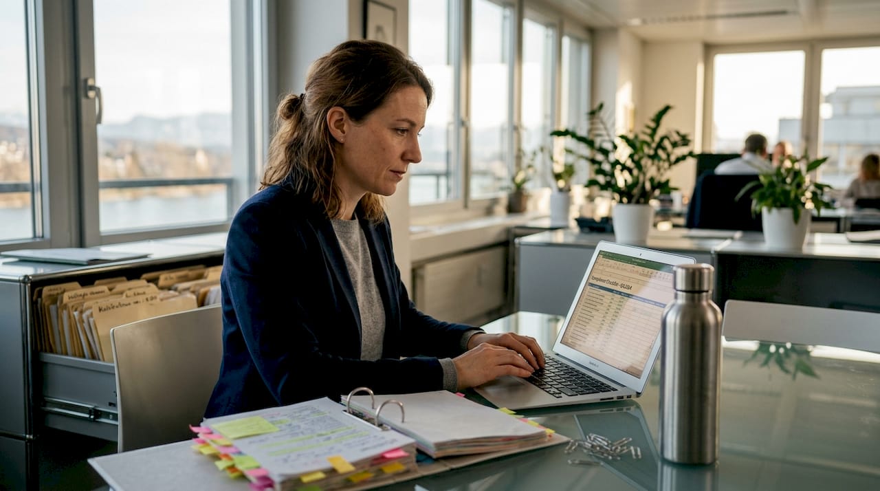 Compliance officer updating checklist at office desk