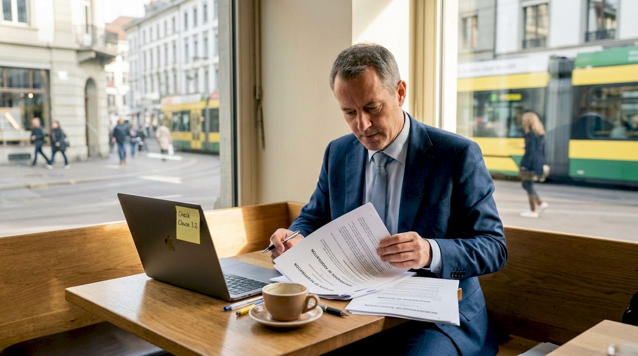 Businessman reviewing Swiss company documents in café