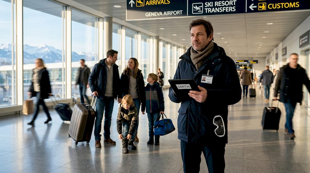Driver greets ski travelers at Geneva airport