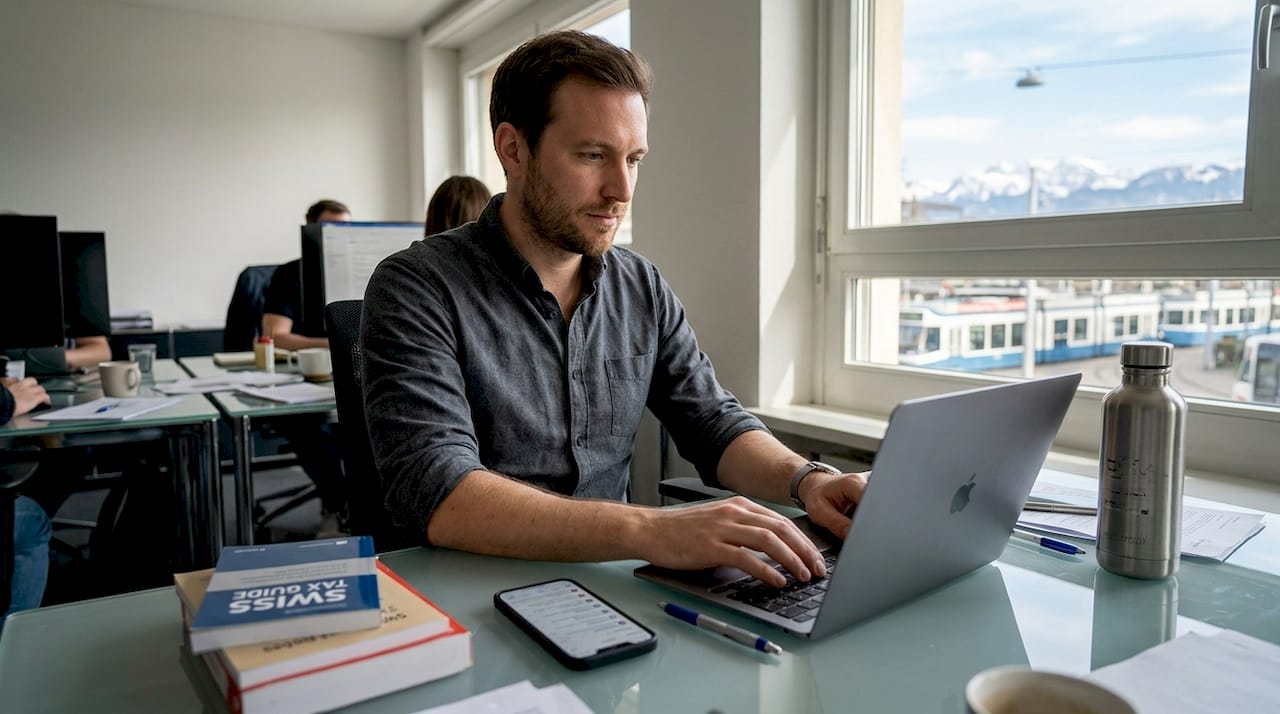 Entrepreneur working on Swiss tax documents