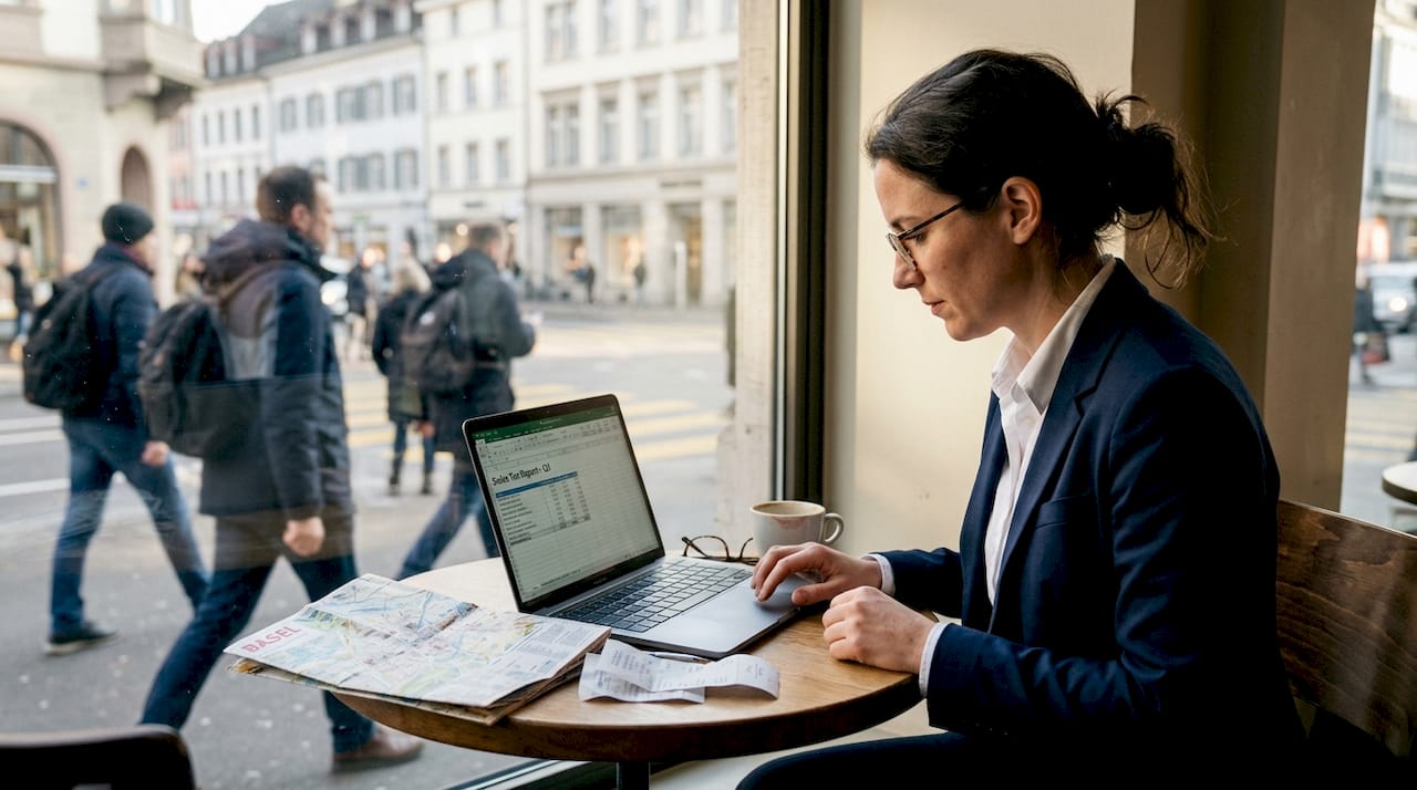 Businesswoman reviewing tax report at Basel café