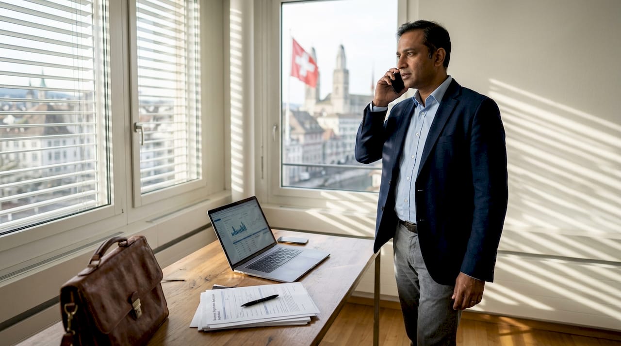 Entrepreneur in Swiss office making business call