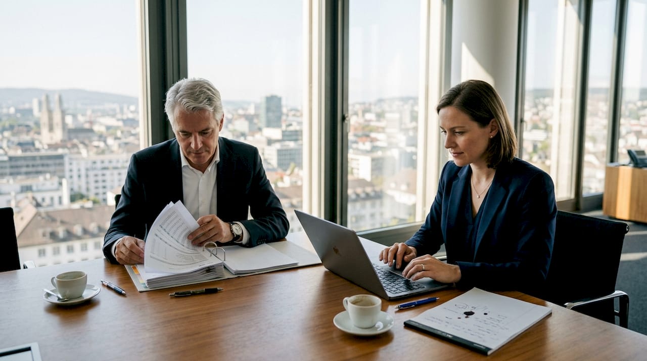 Swiss board meeting with financial documents
