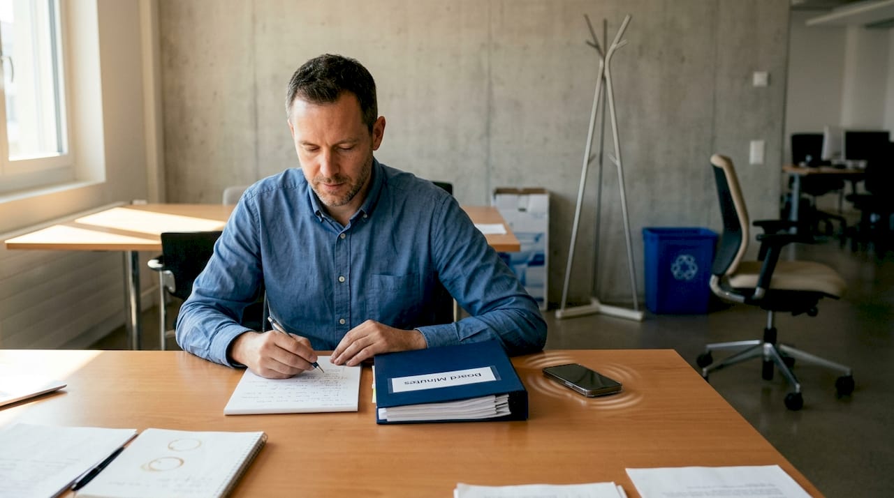 Director reviewing board minutes alone at desk