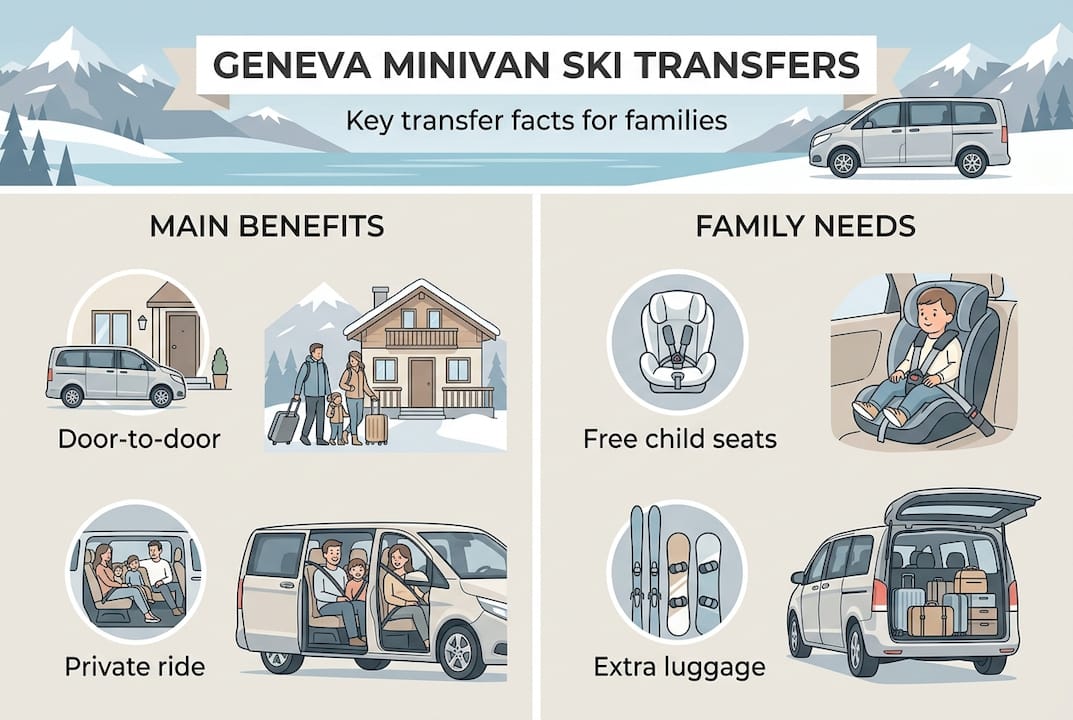 Infographic with main benefits and family needs for Geneva minivan transfers
