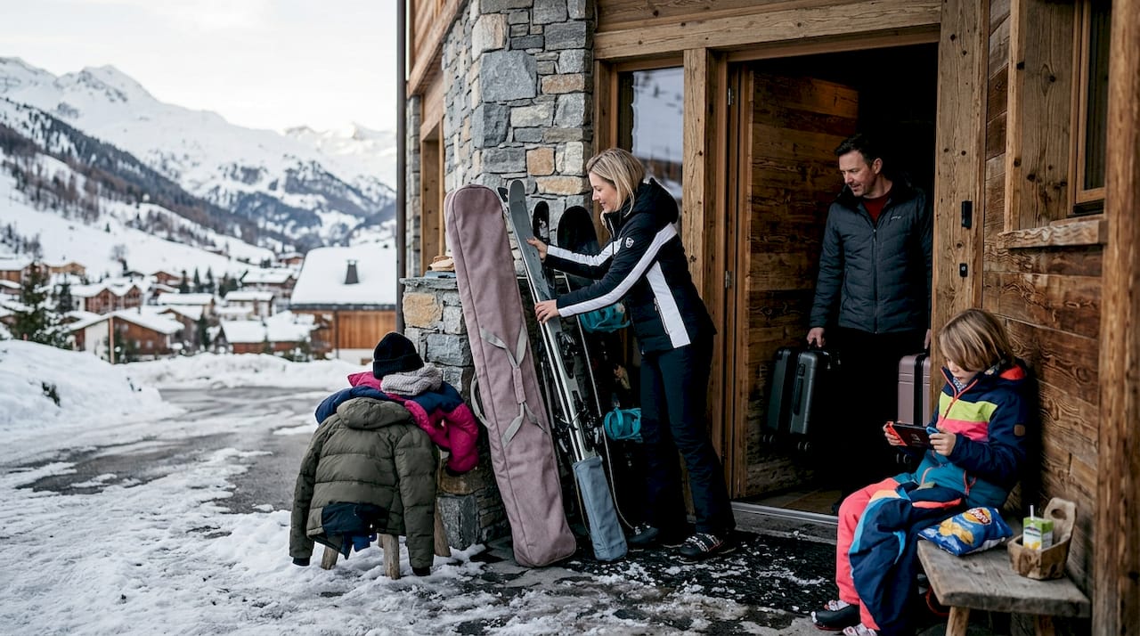 Minivan interior with ski gear and bags visible