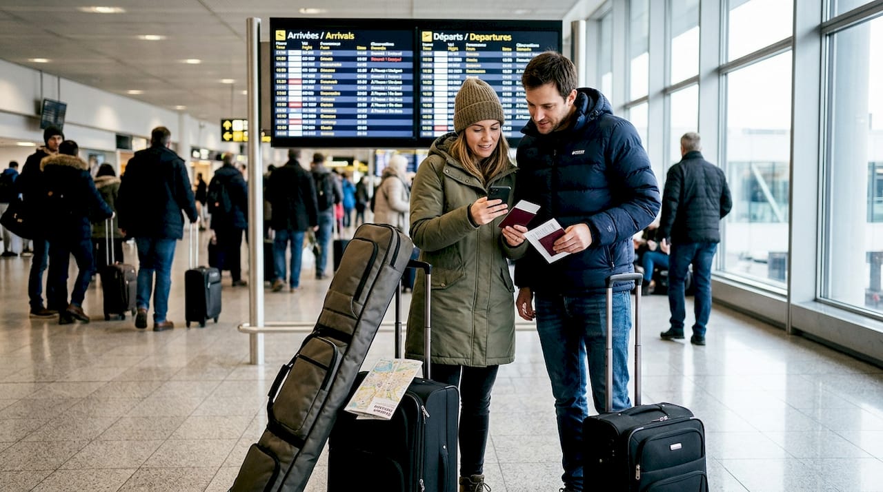 Travelers at Geneva Airport arrivals with ski gear