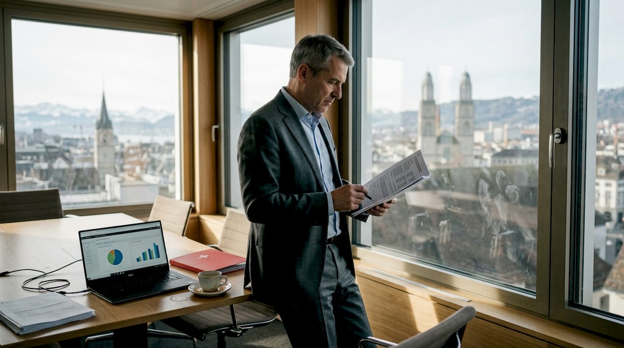 Swiss executive reads report in corner office