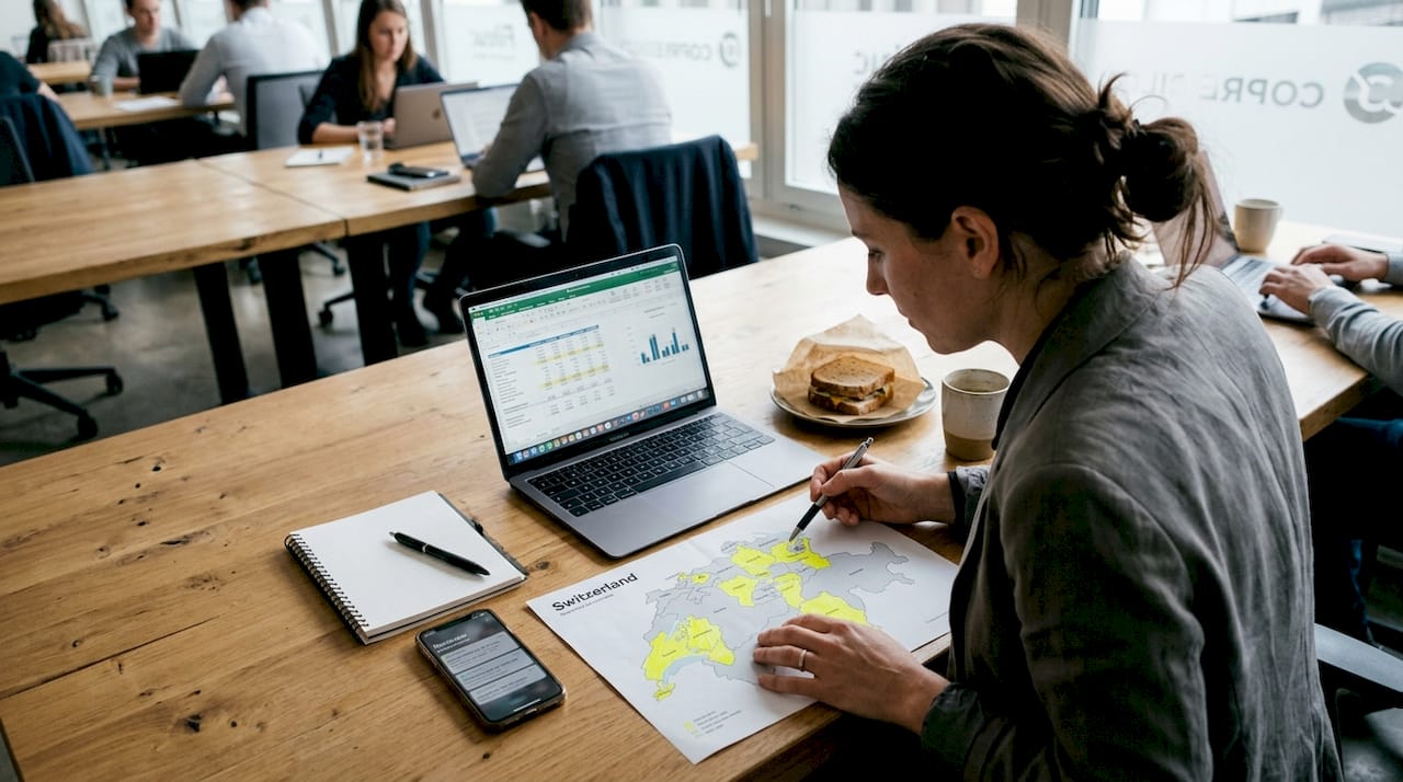 Founder reviewing Swiss canton tax map workspace