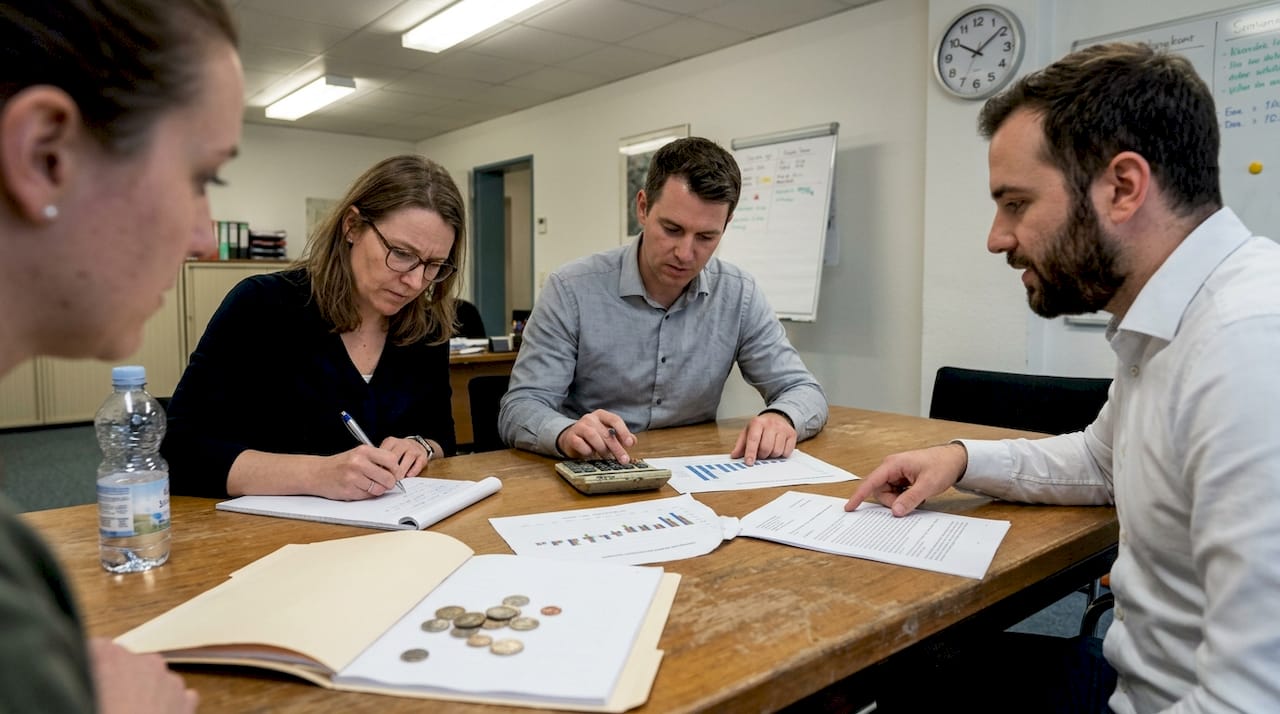Accounting team reviewing Swiss reporting documents
