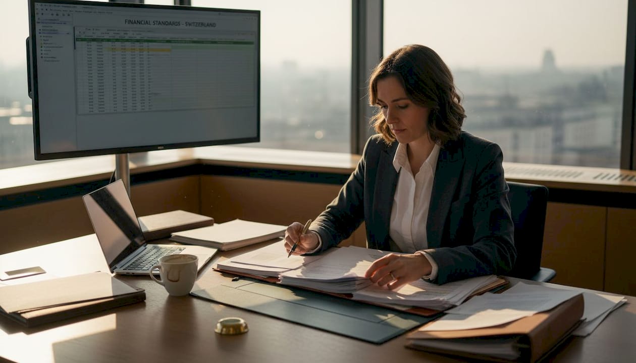 Swiss entrepreneur organizing financial paperwork