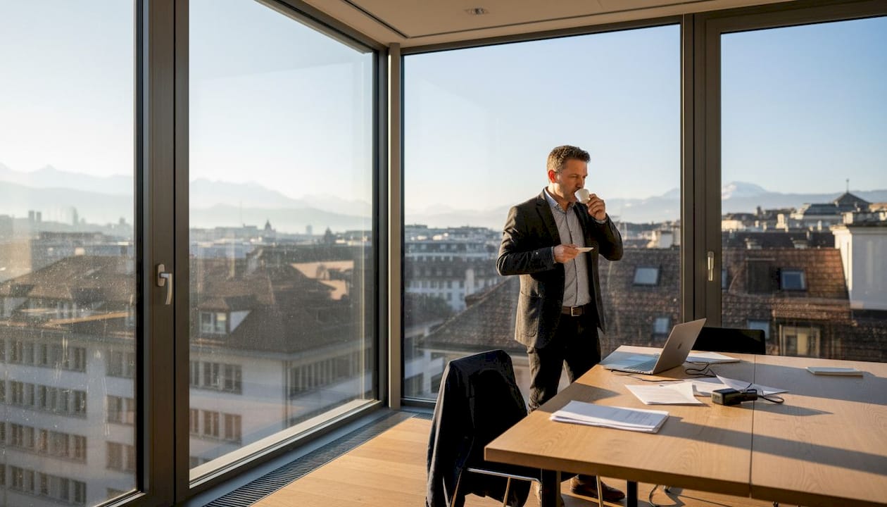 Entrepreneur working in Zurich office with city view