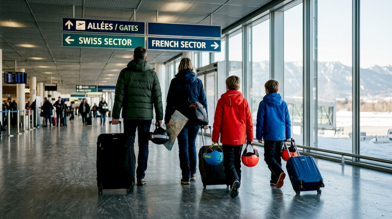 Family with ski gear arrives at Geneva Airport