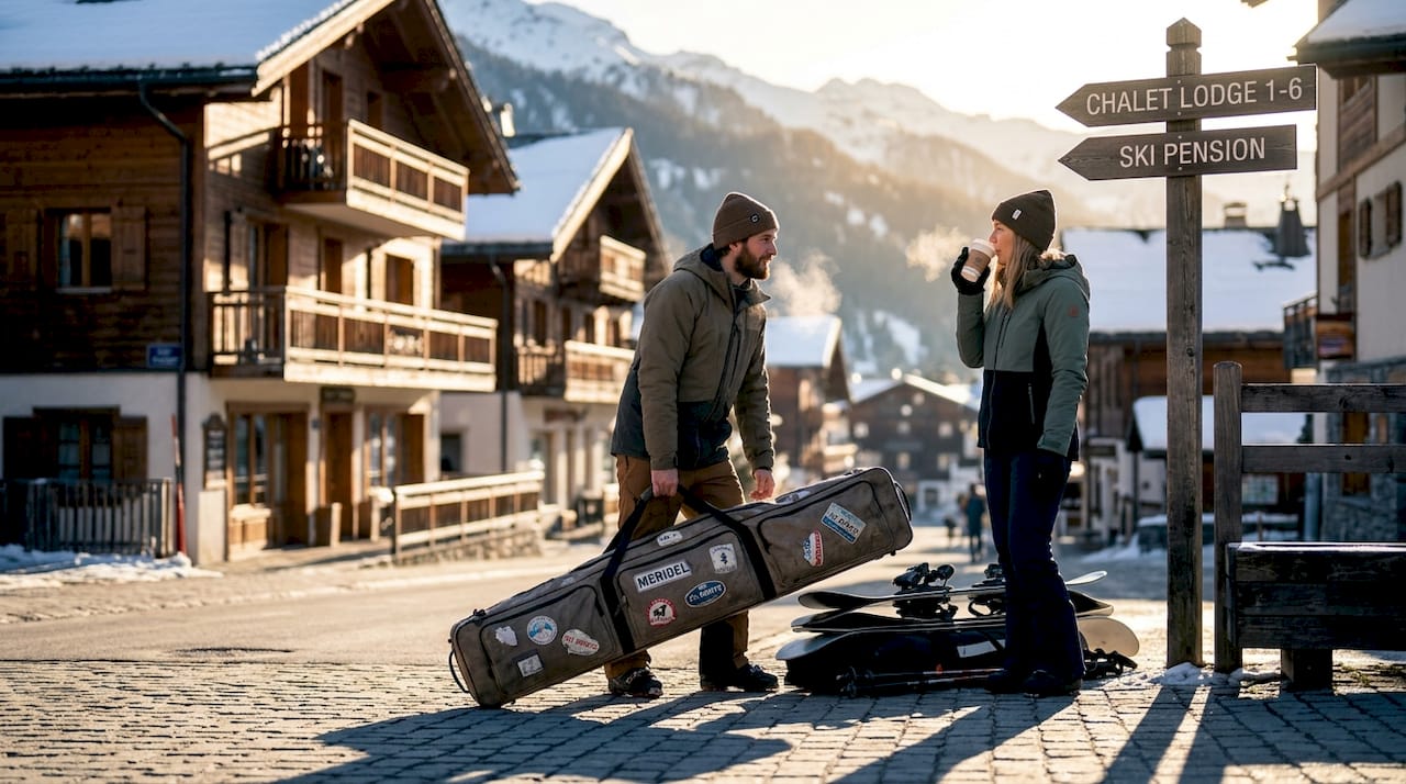 Ski transfer bus and driver in village