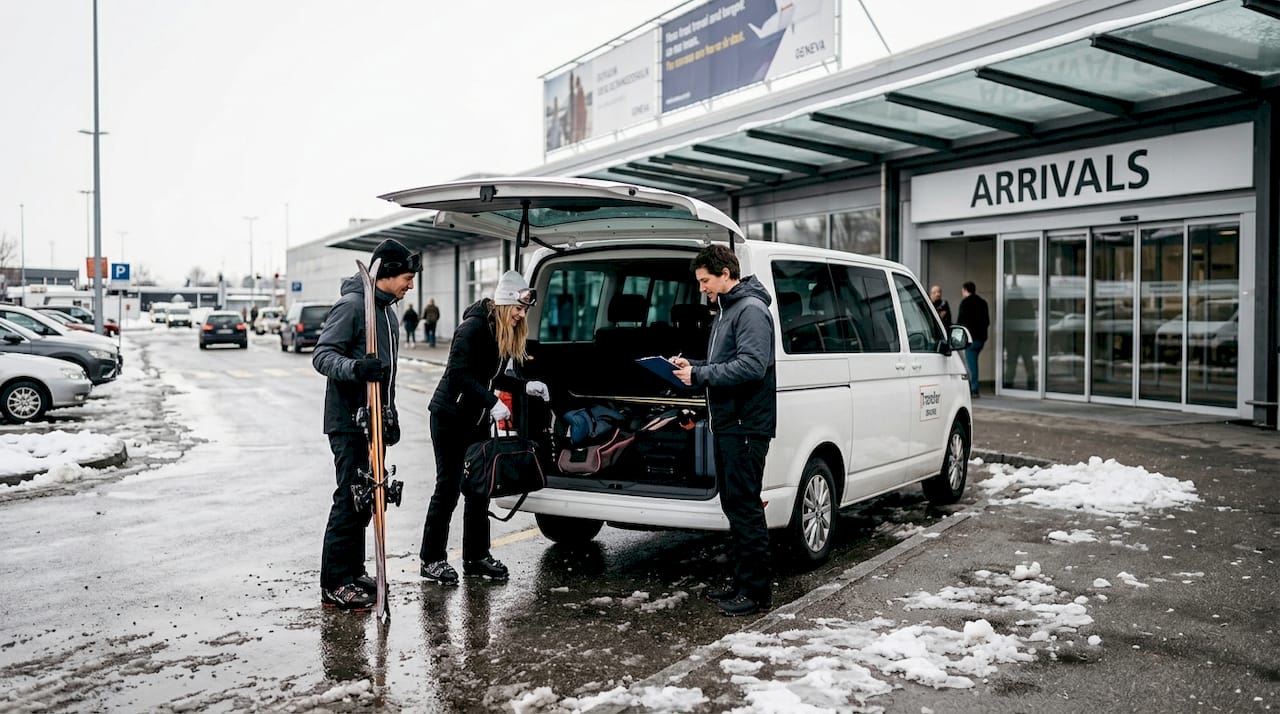 Travelers loading ski gear at Geneva airport