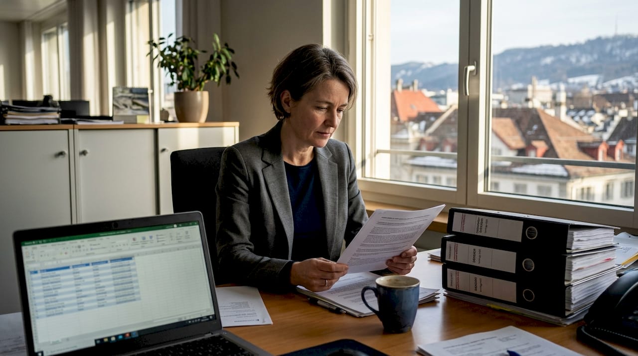 Swiss executive reading confidential business document