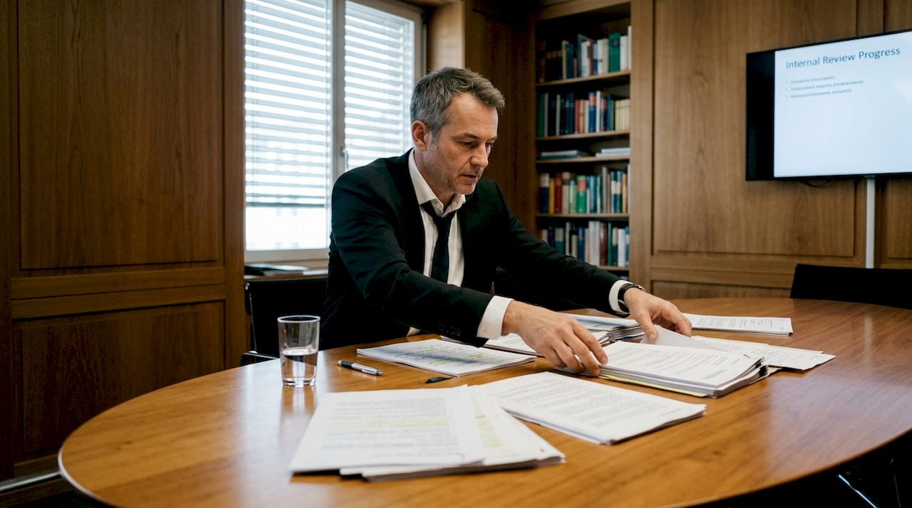 Swiss lawyer reviewing compliance files in meeting room