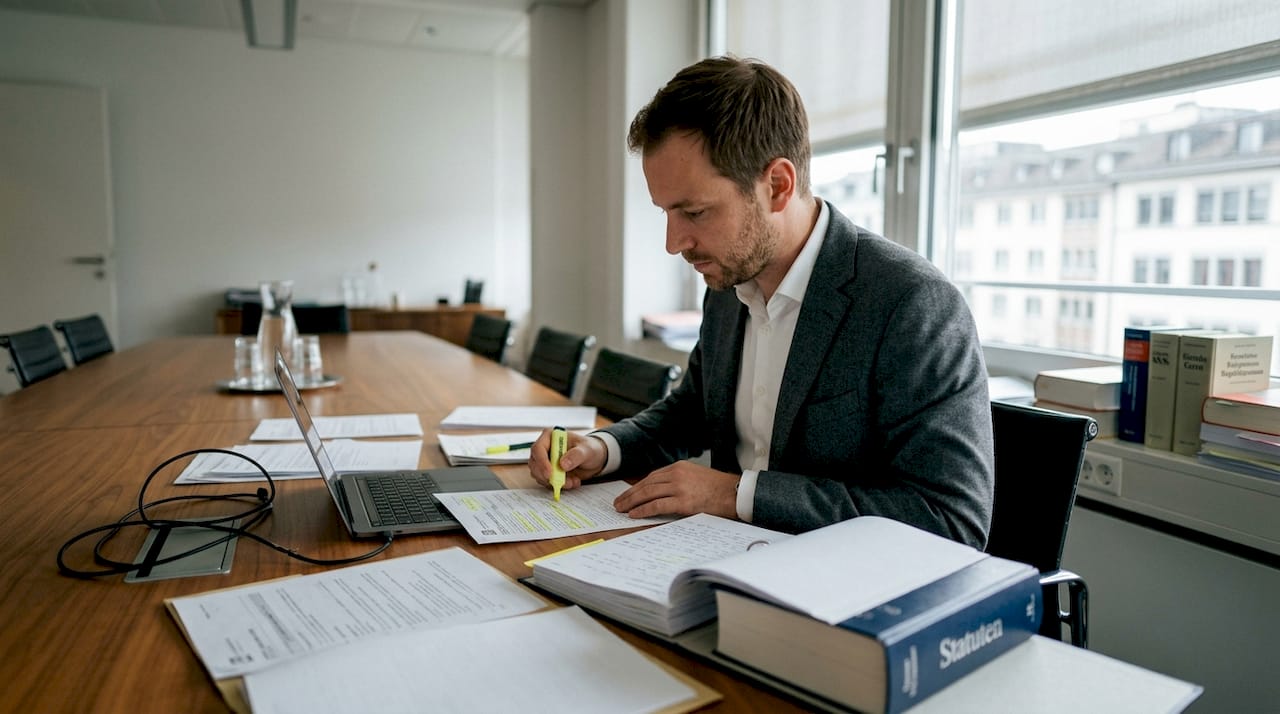Man reviewing Swiss legal documents at desk