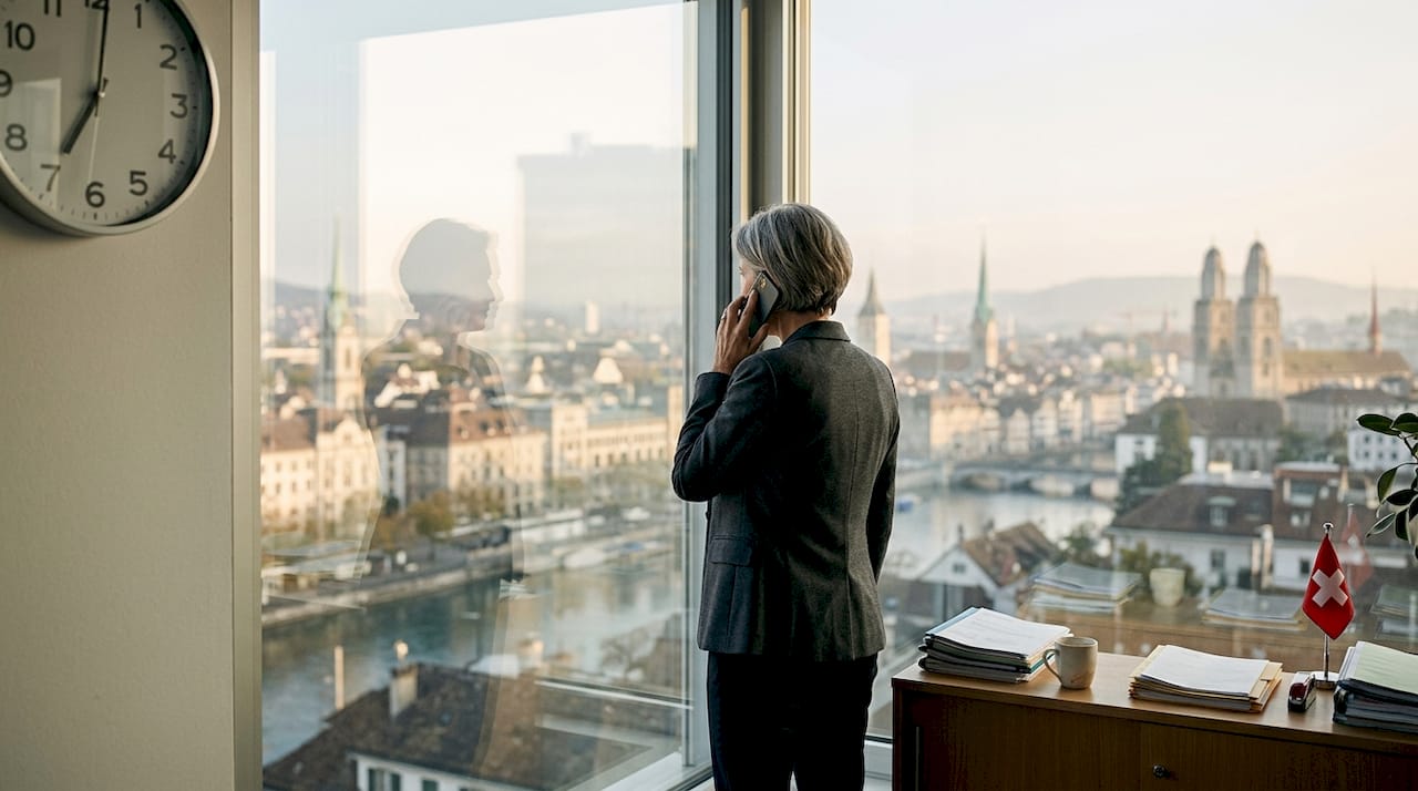 Businesswoman in Swiss office overlooking Zurich