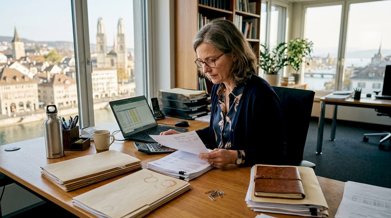 Swiss payroll manager reviewing compliance paperwork