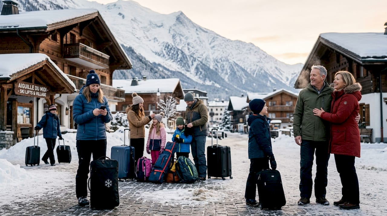 Travelers waiting at Geneva Airport shuttle area