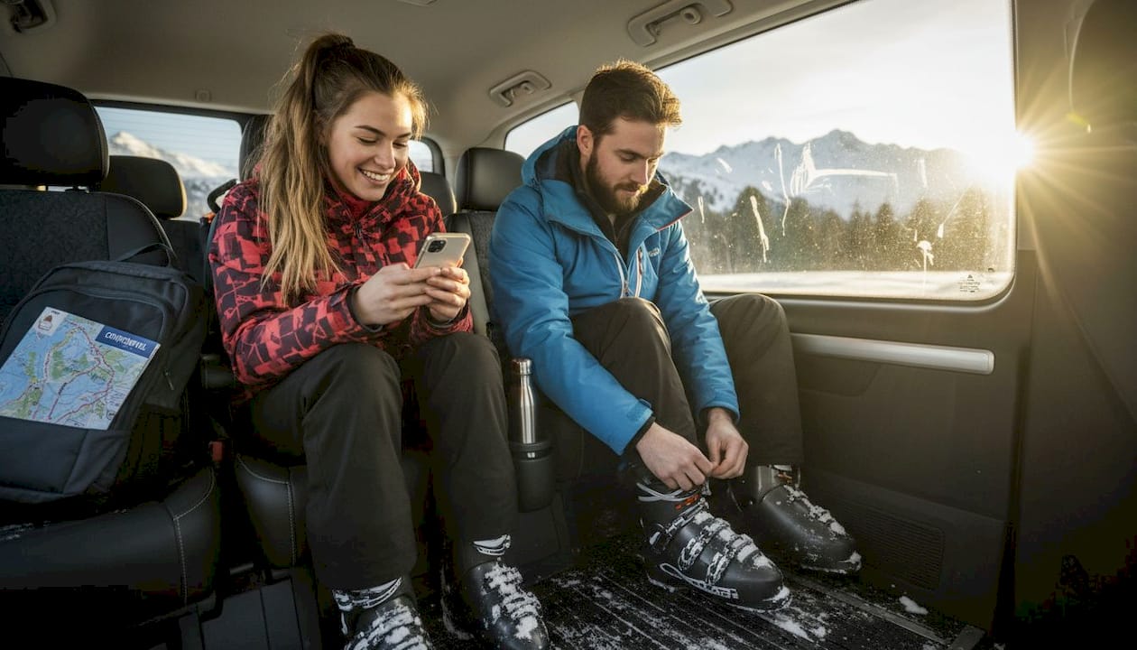 Two friends riding shuttle to Courchevel