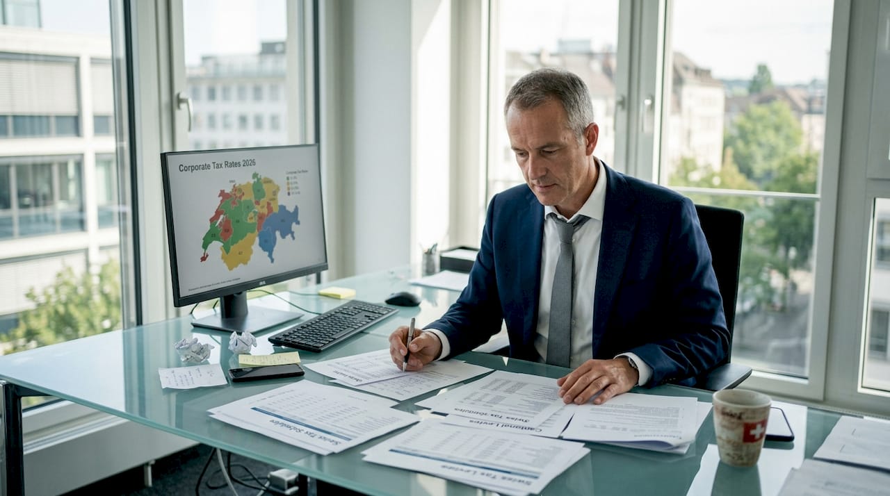 Businessman reviewing Swiss tax documents in office