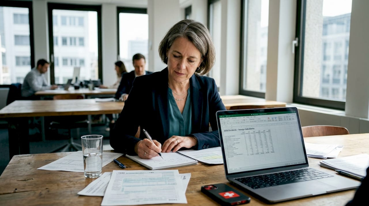 Director checking spreadsheets on Swiss company dividends