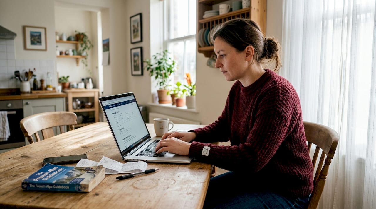 Woman completing travel booking form at home