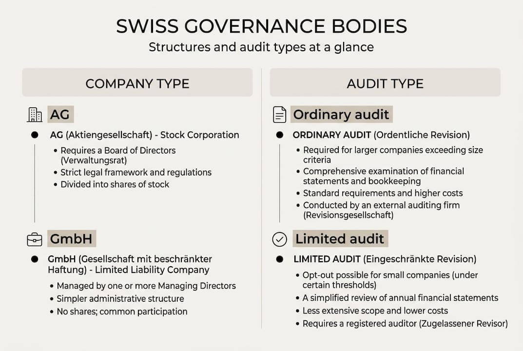 Infographic showing Swiss governance bodies and audit types