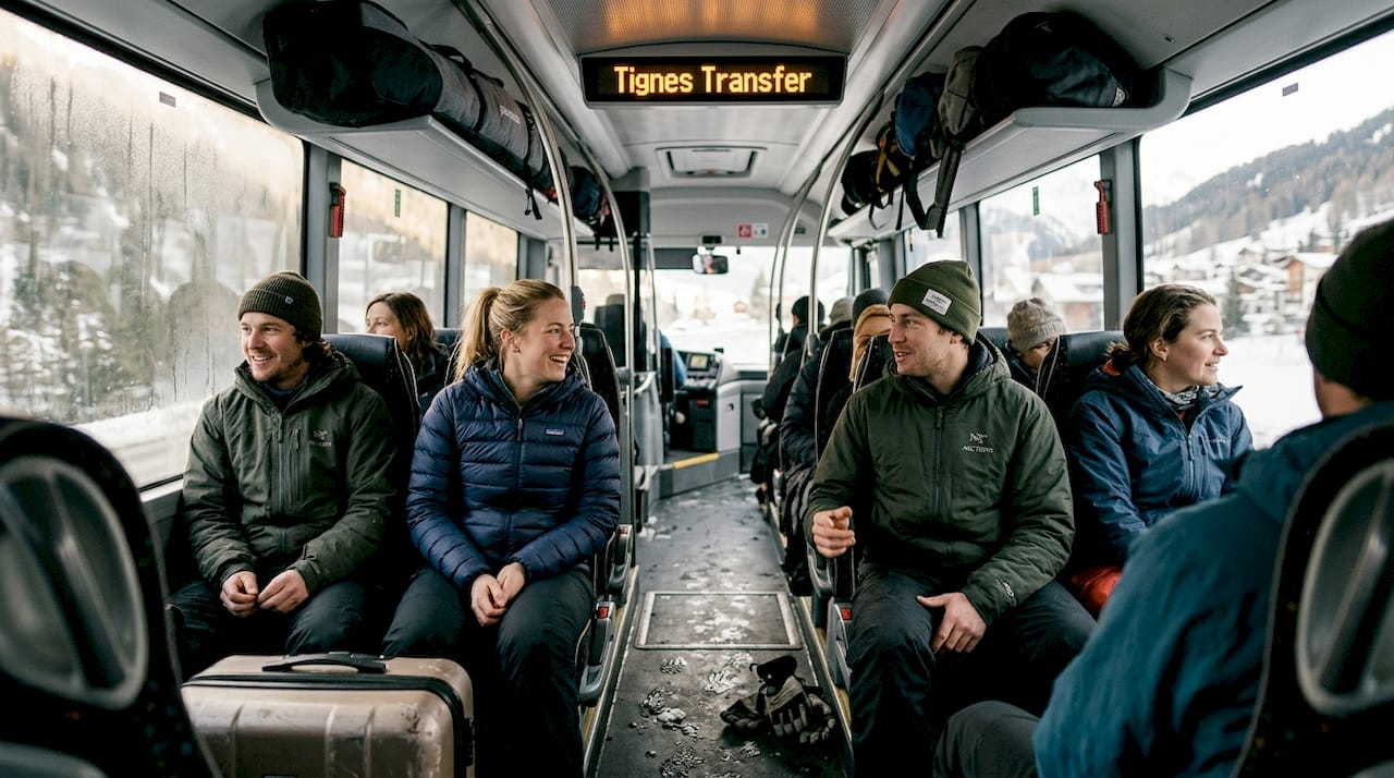 Travelers on shuttle bus to Tignes