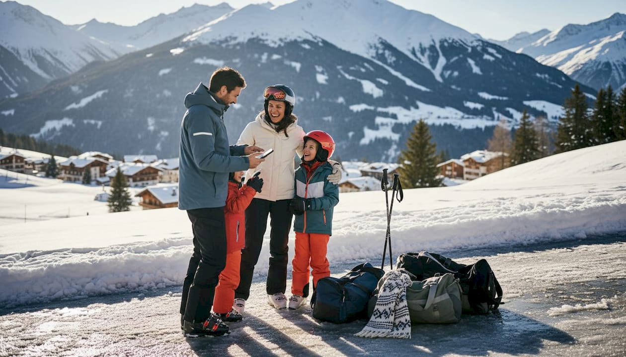 Family loading ski gear into private van