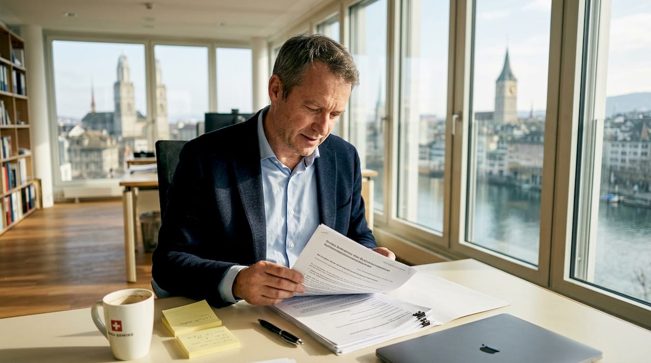 Founder reviewing documents in Zurich office