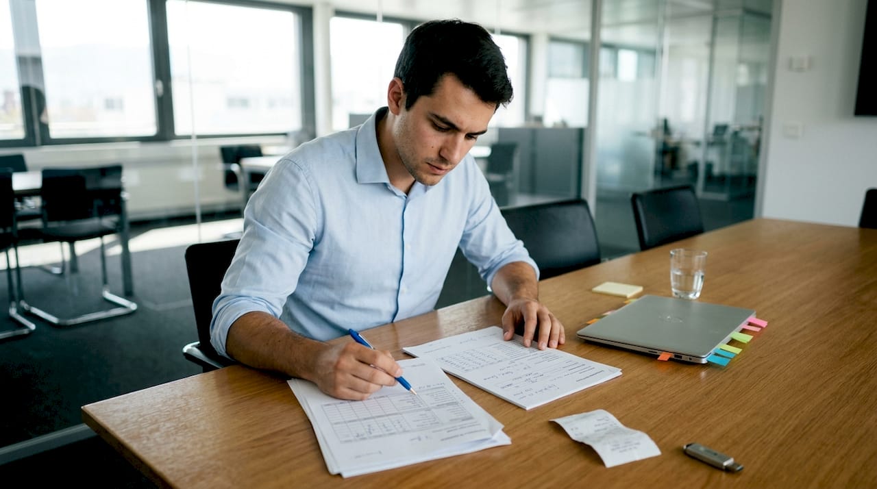 Entrepreneur checking Swiss bank paperwork at table