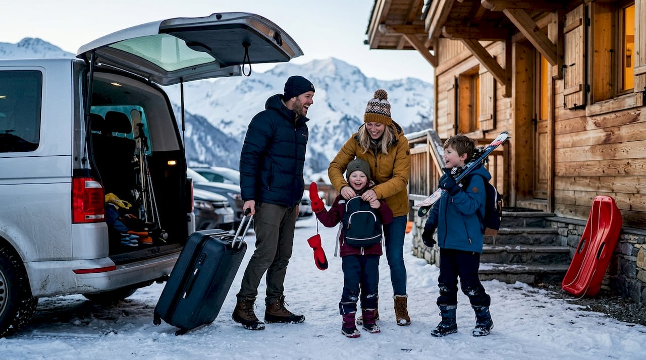 Family unloading gear at La Plagne chalet