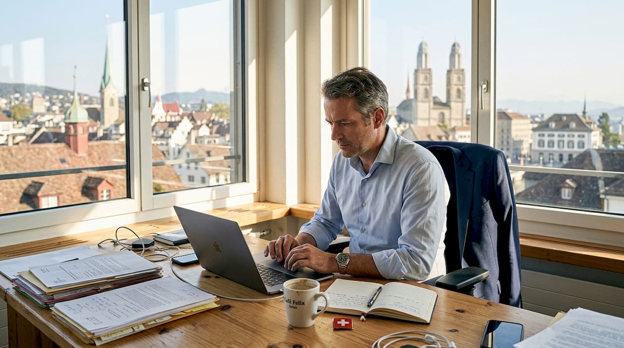 Entrepreneur working in Swiss corner office