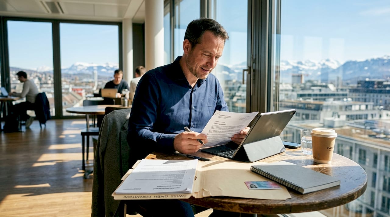 Founder checking Swiss LLC documents in workspace