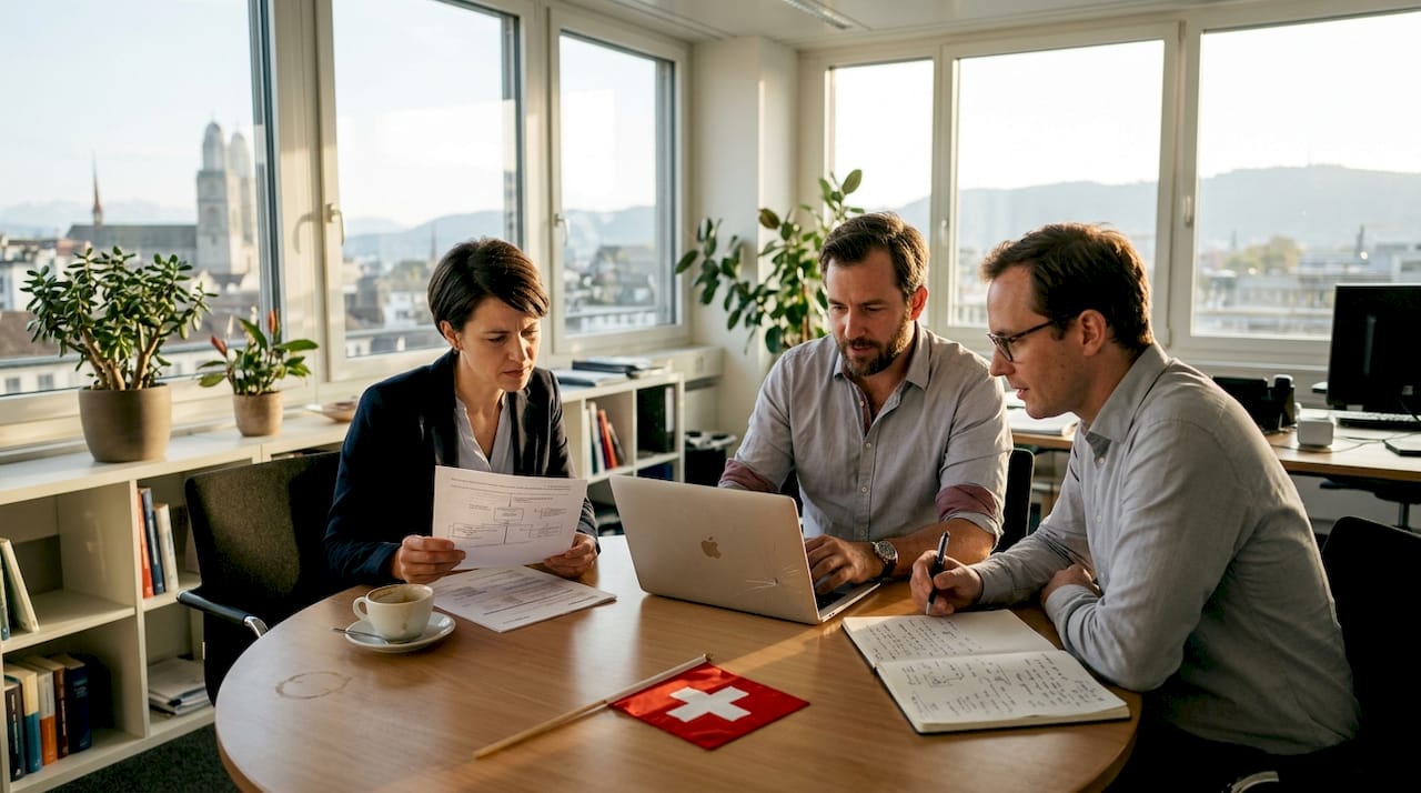Entrepreneurs discuss legal forms in Zurich office