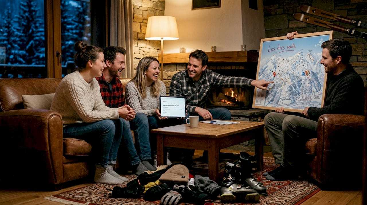 Group reviewing ski transfer in chalet living room