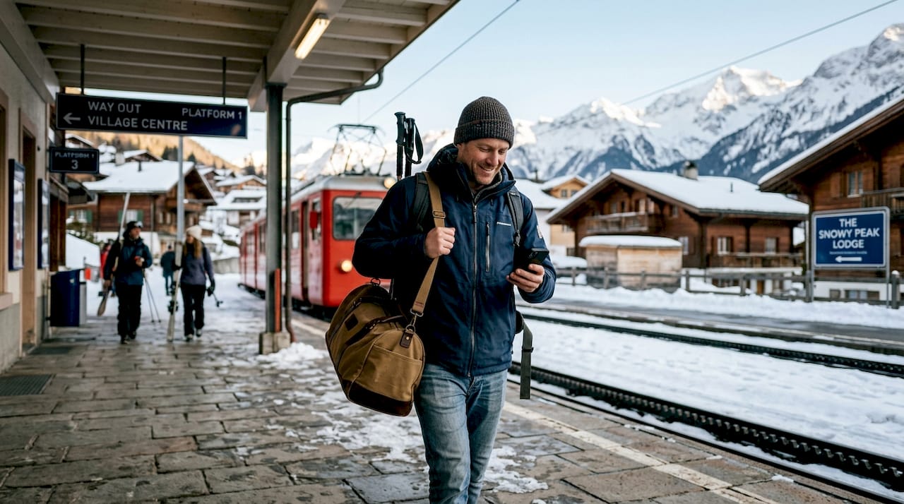 Traveller wheeling suitcase toward airport minivan