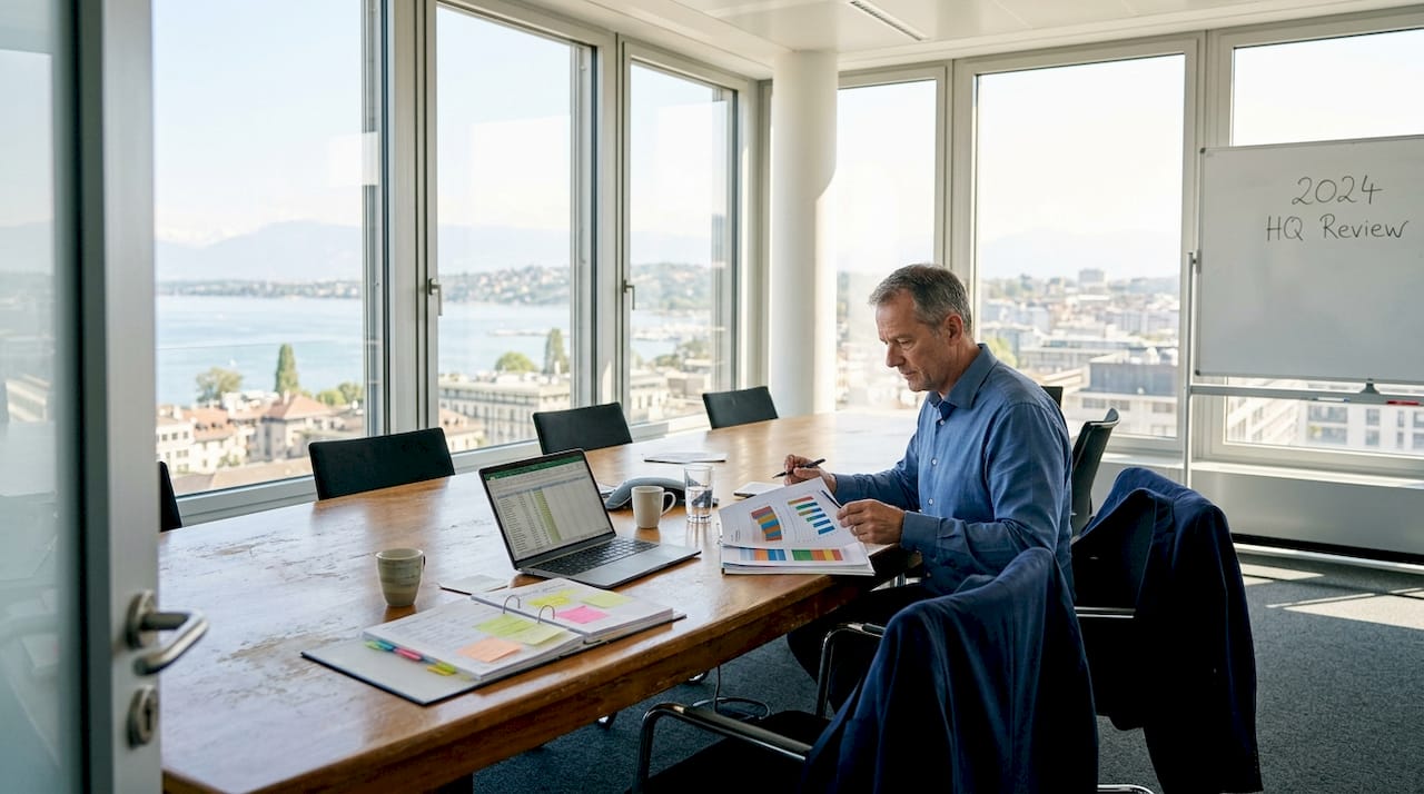 Executive in Swiss boardroom reviewing charts