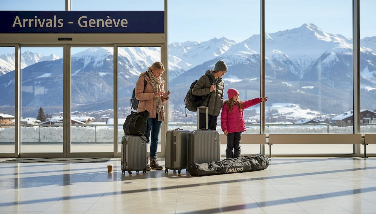 Family with luggage at Geneva airport exit