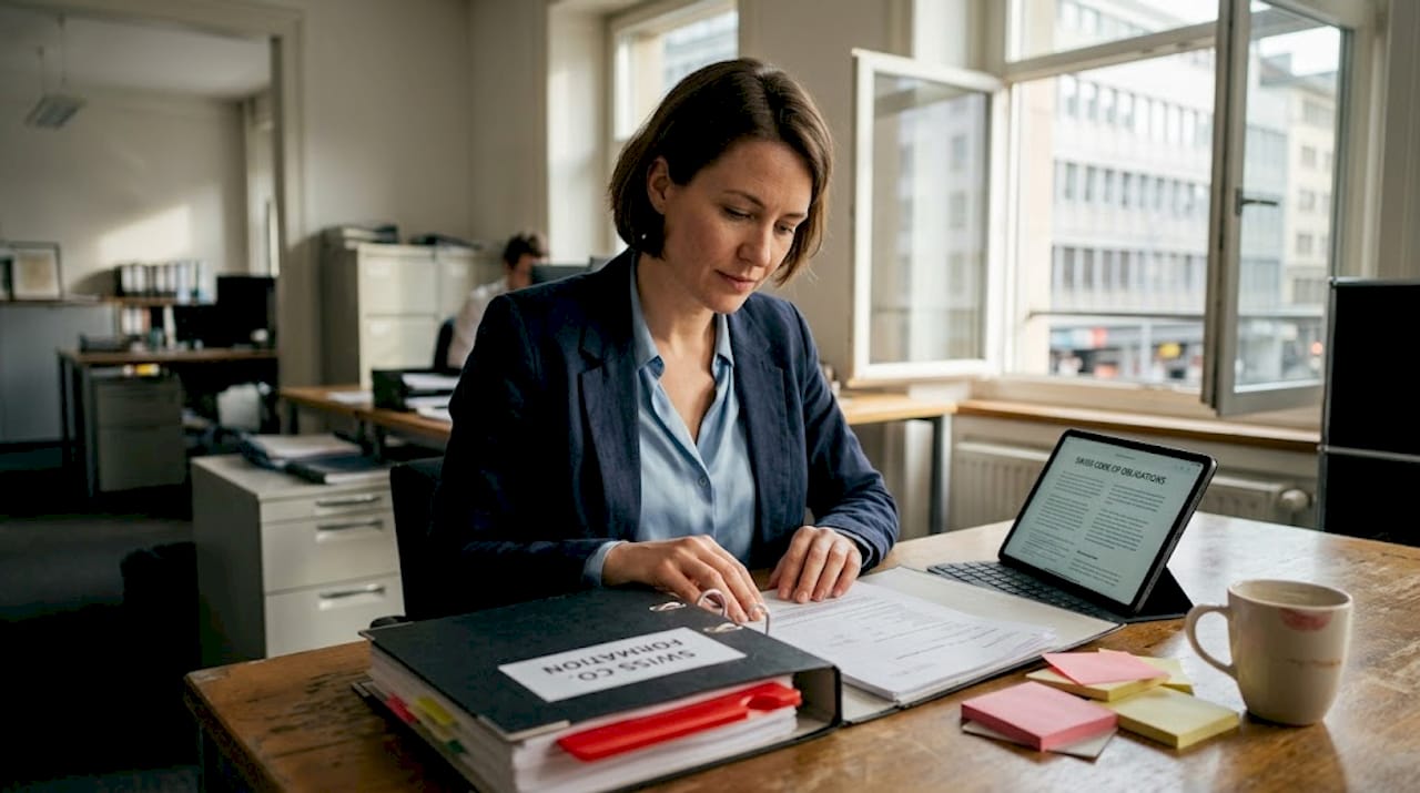 Corporate lawyer reading Swiss company papers
