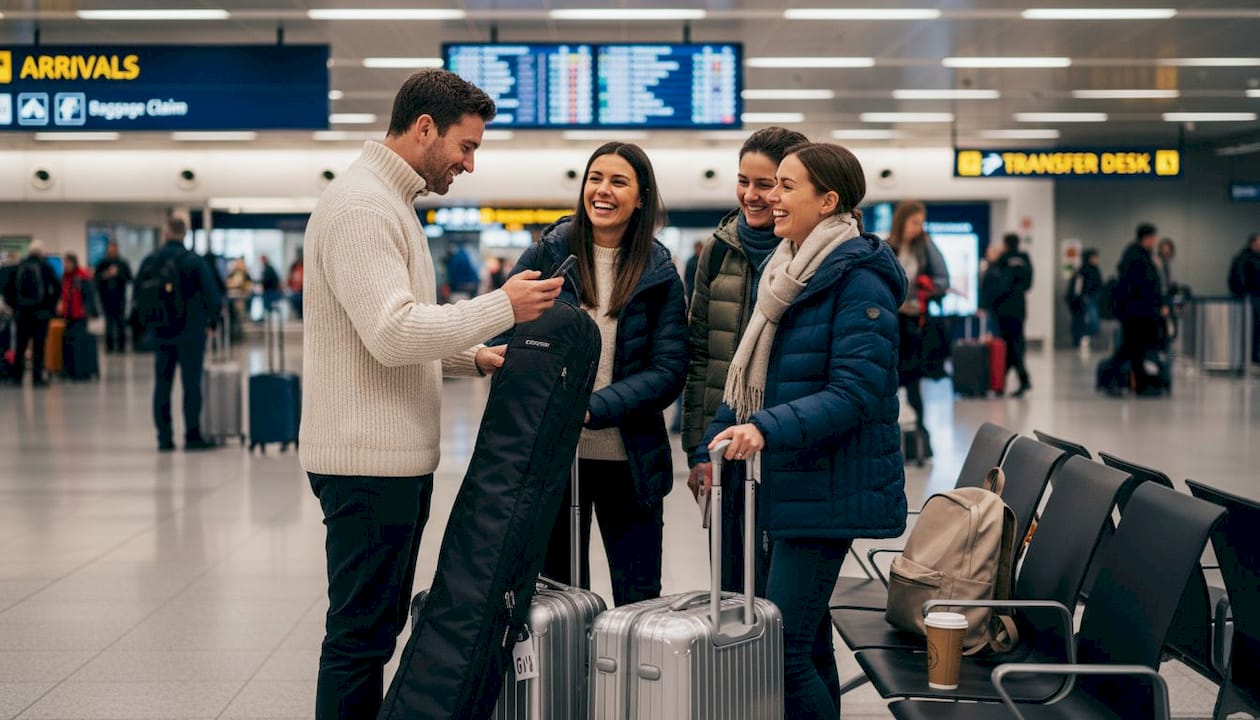 Group with ski gear at Geneva Airport arrivals