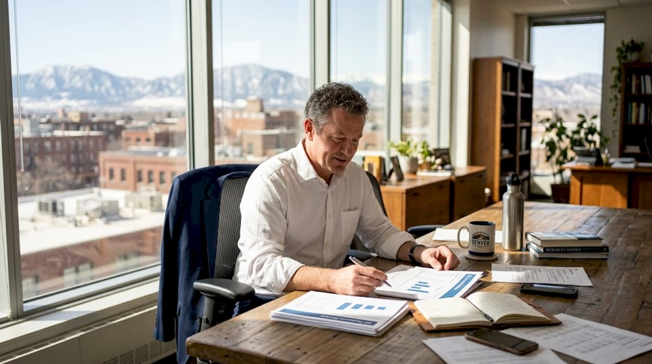 Executive reviewing reports in Swiss office