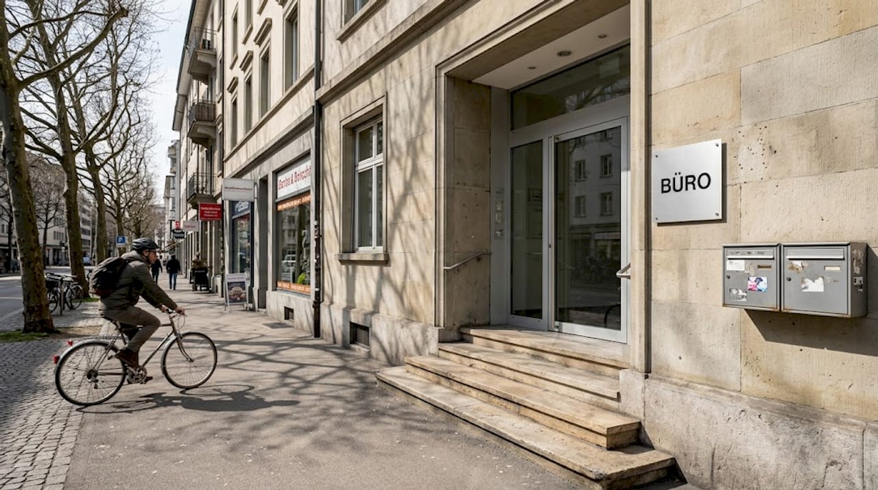 Swiss office building street entrance daytime